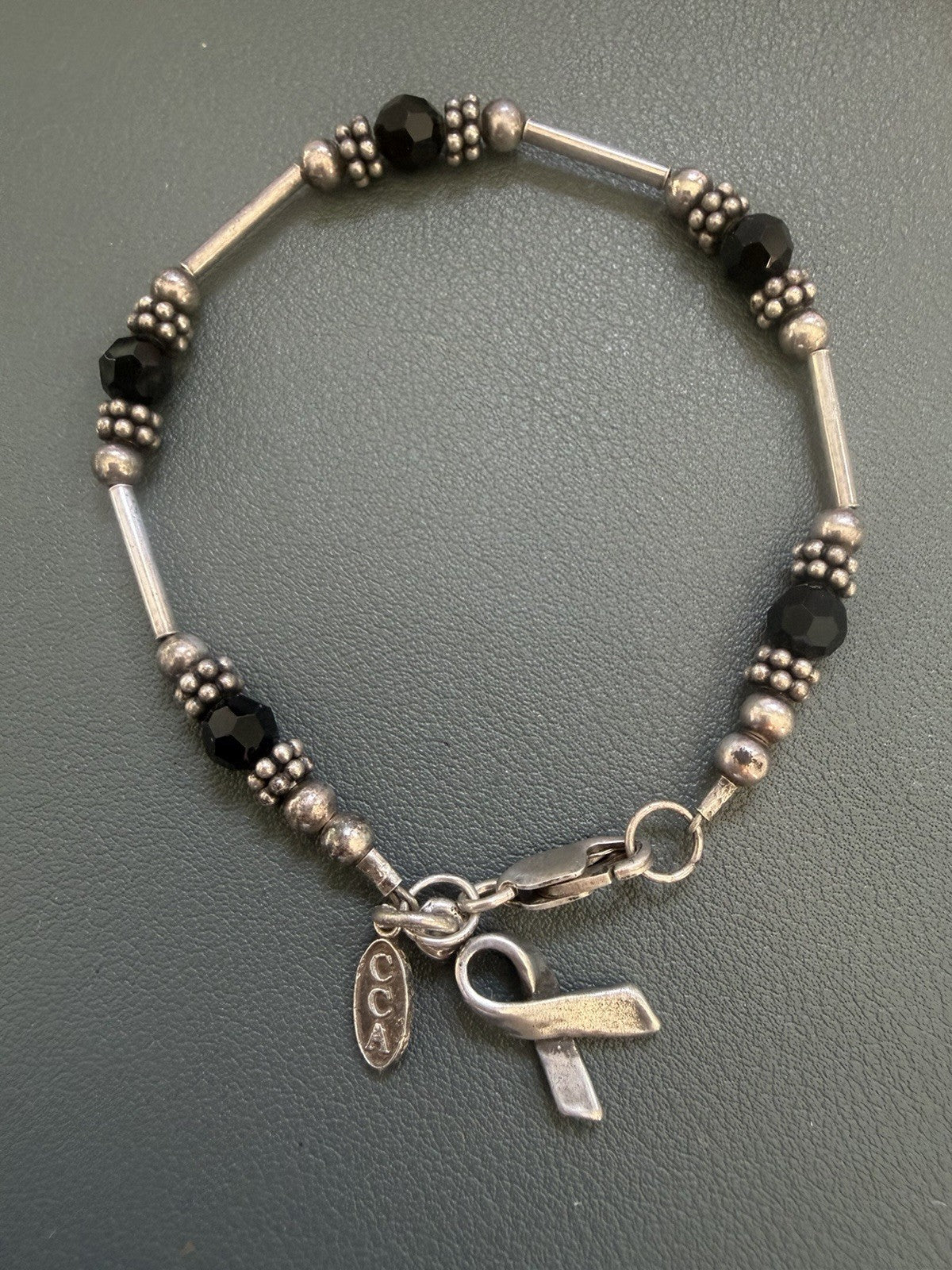 Sterling Silver Awareness Ribbon Charm 925 Bar Beaded Crystal Bracelet 7inch CCA