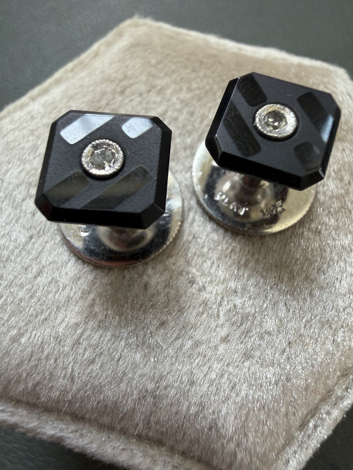 Antique Art Deco 950 Platinum Onyx Diamond Tuxedo Shirt Studs Pair 