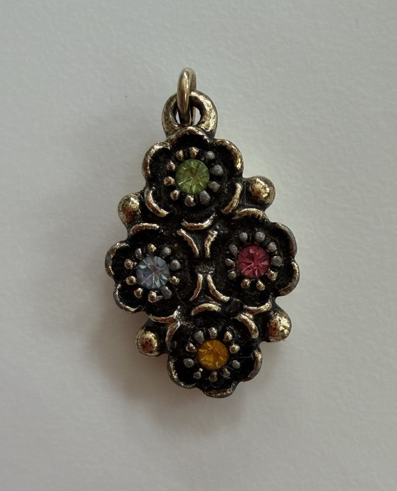 Vintage Signed EMMONS Multicolor Rhinestone Flower Charm Brass Pendant