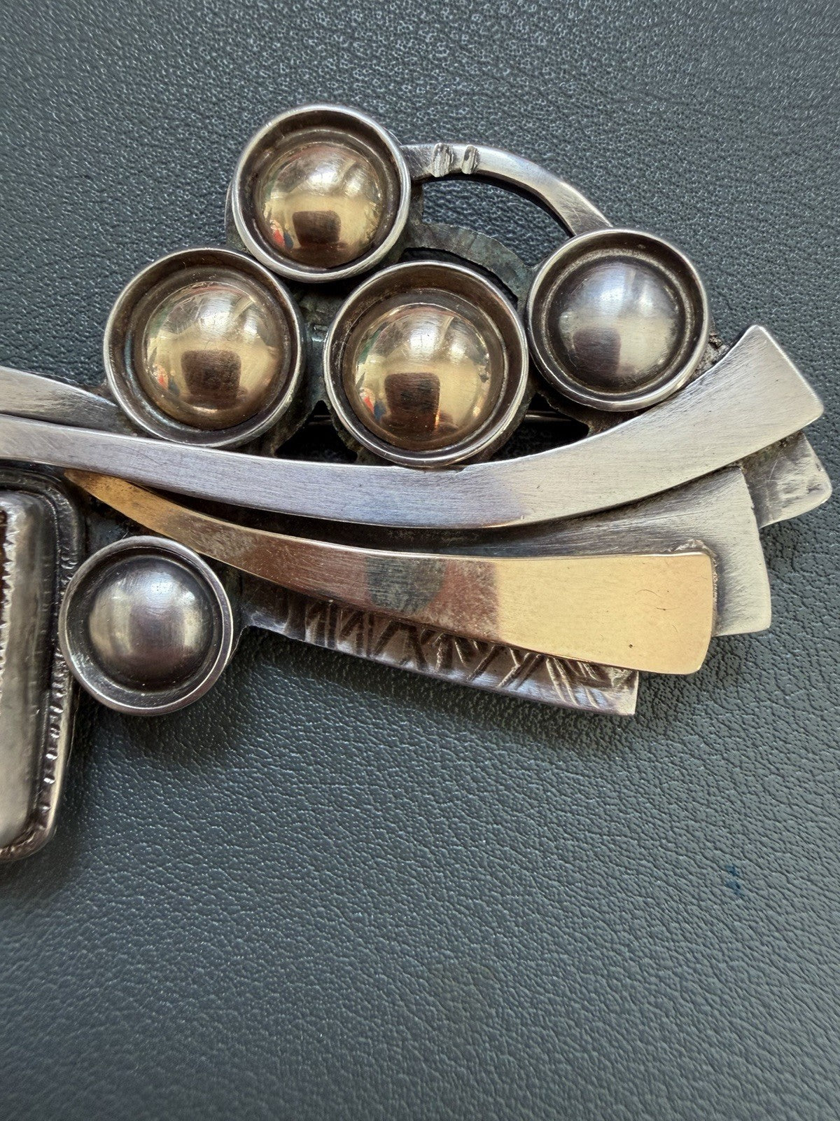 Patricia Karnes Stinson 14K Sterling Silver Rutilated Quartz Brutalist Brooch