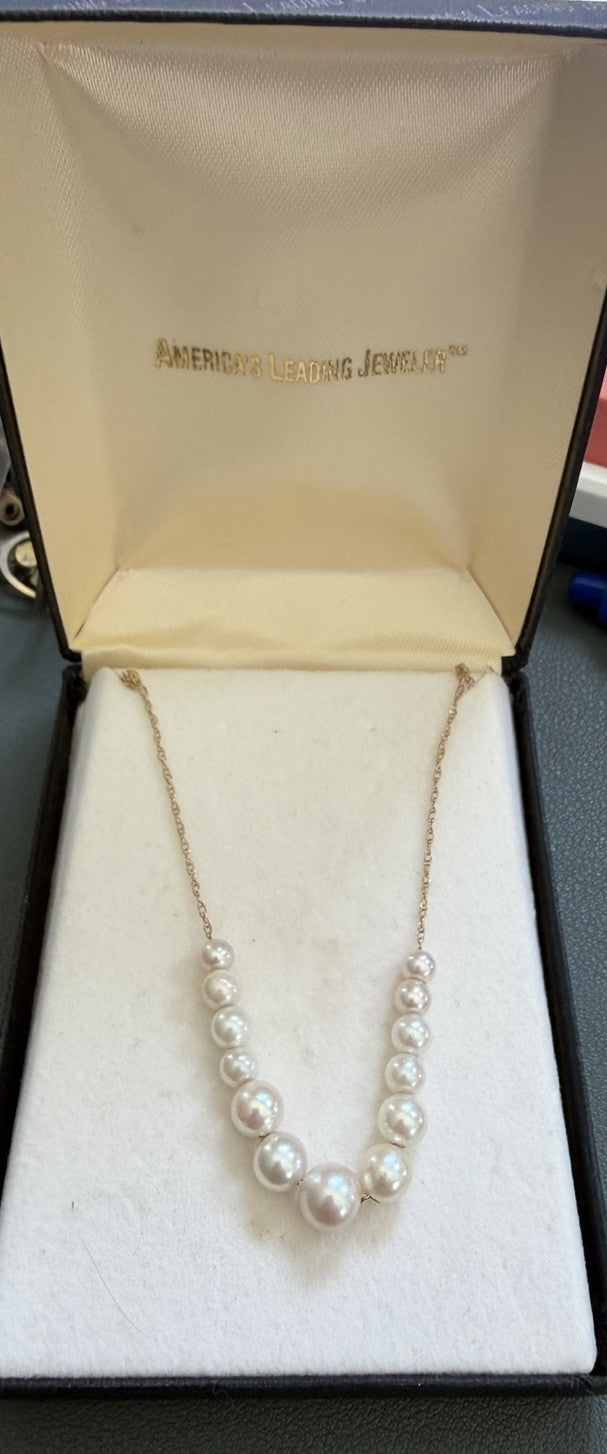 Vintage 14K Yellow Gold Cultured Pearl Station Necklace Dainty Signed FC