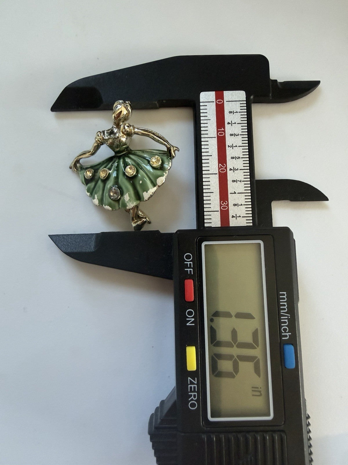 Gold Tone Ballerina Brooch Pin Green Enamel Skirt Clear Rhinestones 1.36in