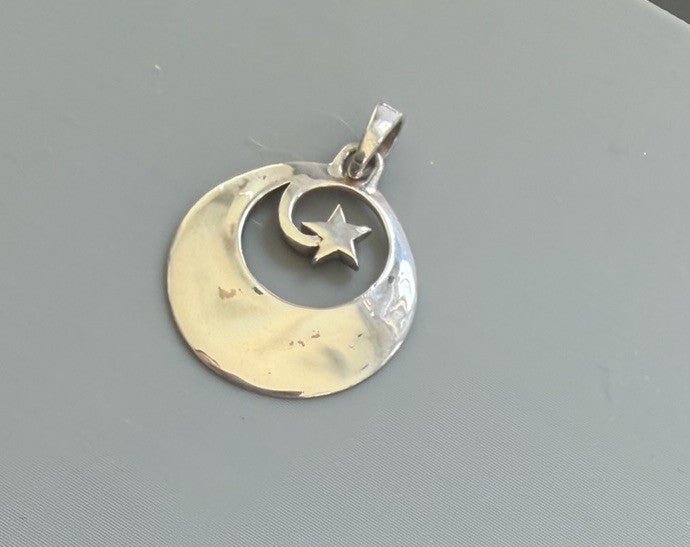 925 Sterling Silver Crescent Moon Star Pendant Inspirational Celestial .75in