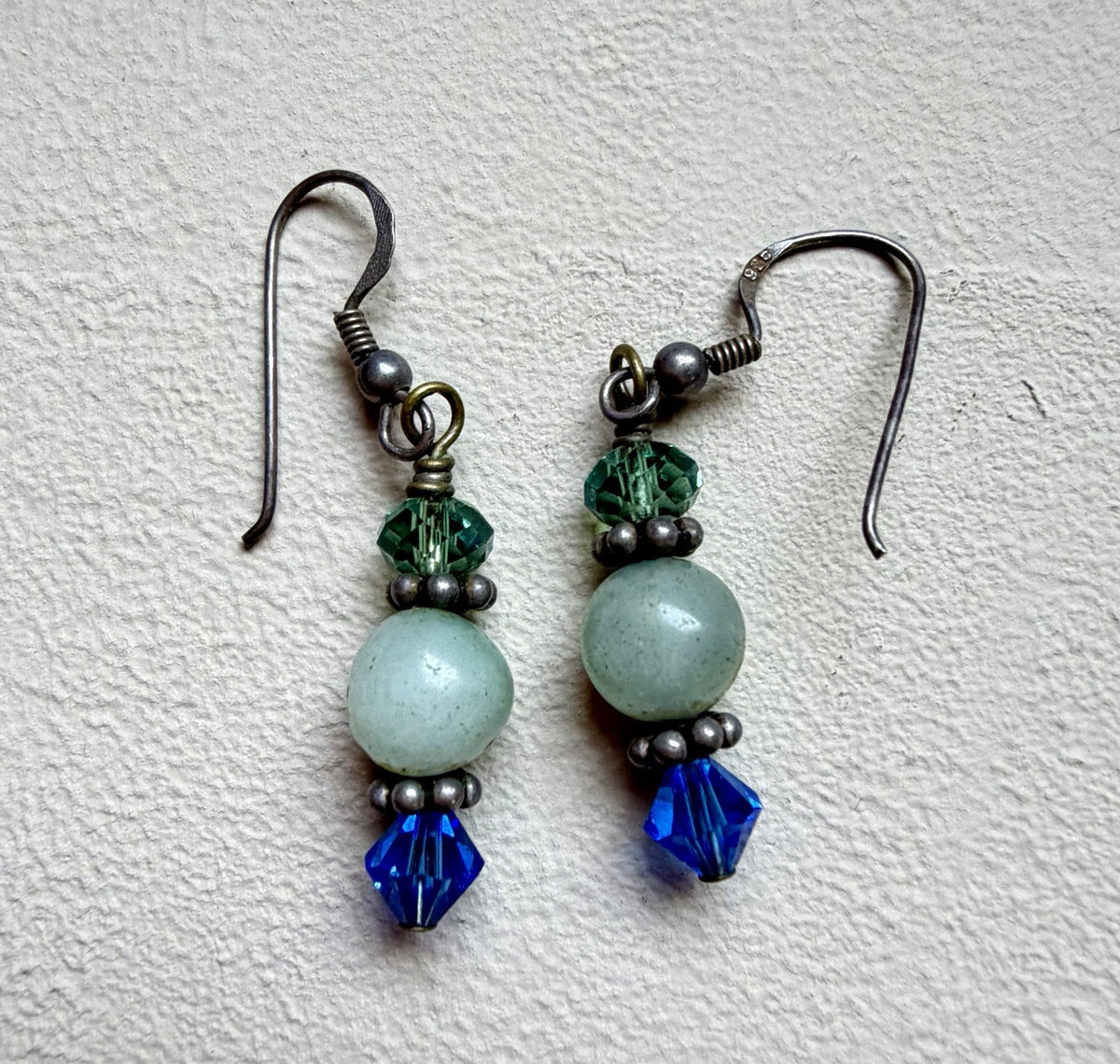 Sterling Silver 925 Beaded Earrings Blue Green Glass & Natural Stone Beads
