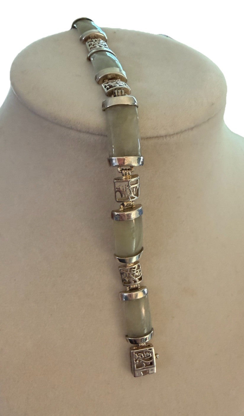 Vintage Sterling Silver 925 Light Green Jade Bracelet Panel Link - Signed DBJ