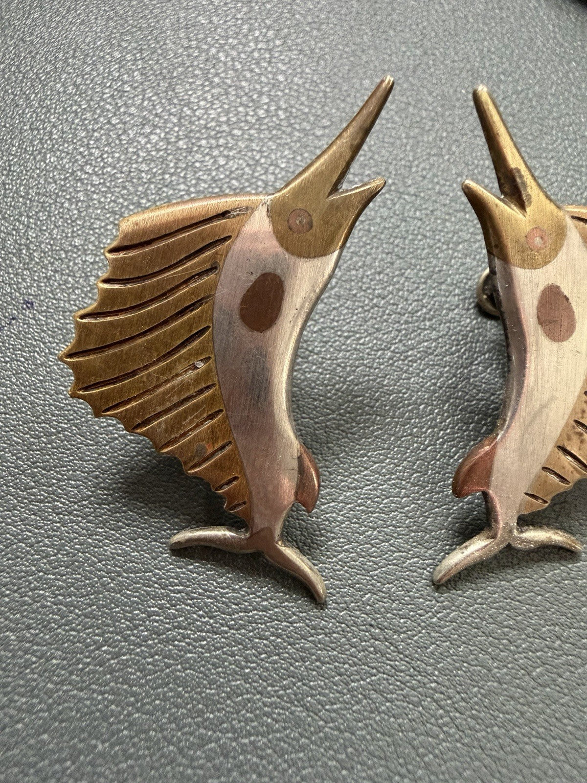 Vintage Taxco Sterling Silver Marlin Sailfish Earrings Two Tone Signed Mexico 