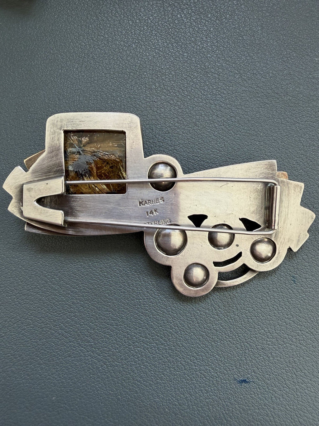 Patricia Karnes Stinson 14K Sterling Silver Rutilated Quartz Brutalist Brooch