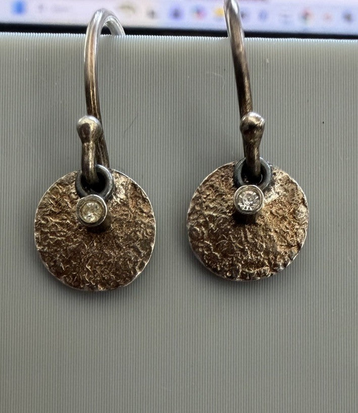 Vintage Silpada Sterling Silver Textured Disc Dangle Earrings W/ Accent Stone