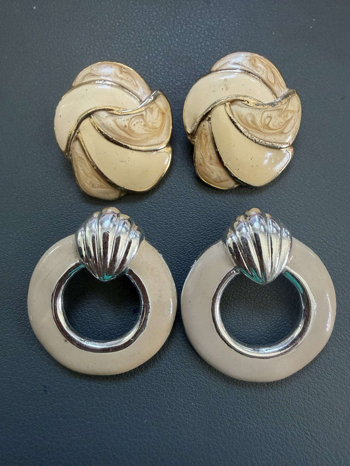 Vintage Enamel Cream Swirl Earrings + Marbled Beige Gold Tone Pair Earring Lot