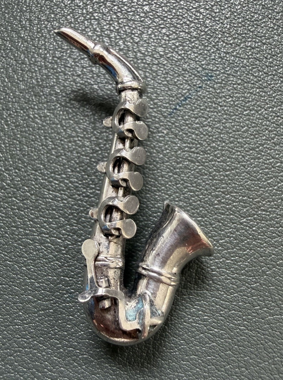 SAXOPHONE BLUES JAZZ 925 STERLING SILVER BIKER ROCKABILLY GOTHIC Brooch PENDANT