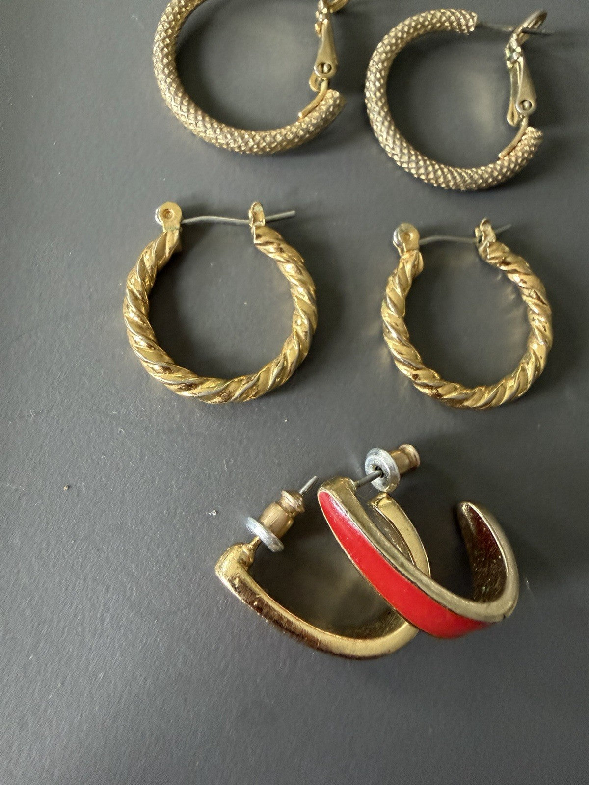 3 Pairs of Vintage Gold Tone Earrings, Hoops  Huggies Red Enamel Beautiful