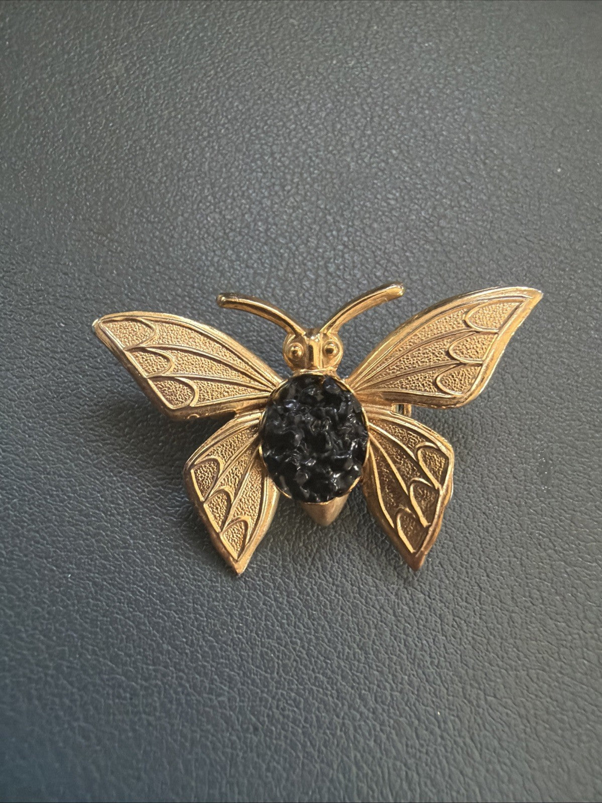 Vintage Jewelry Gold Toned Butterfly Pin Brooch With Black Cabochon