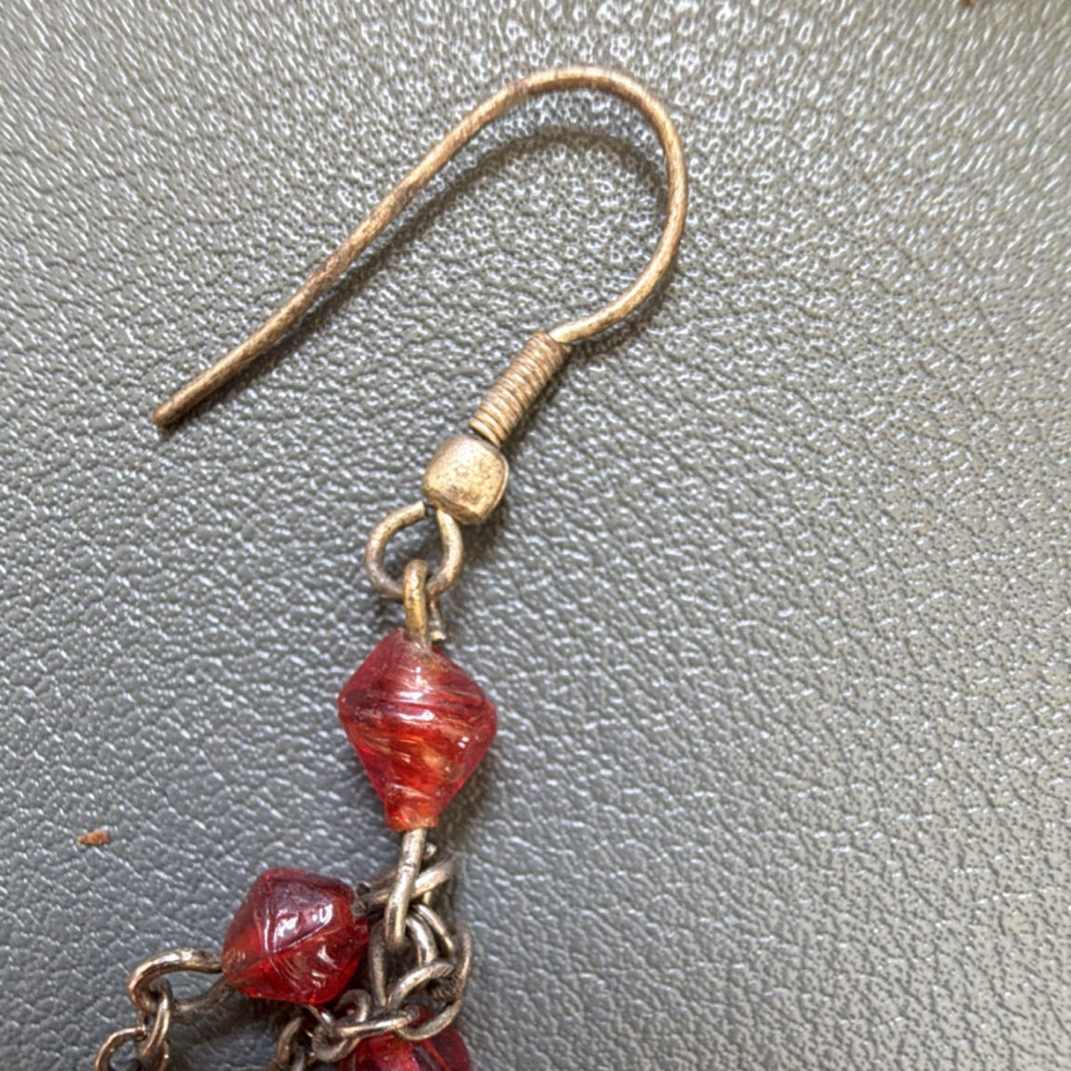 Handcrafted Bronze Filigree Chandelier Earrings Red Glass Beads Bohemian