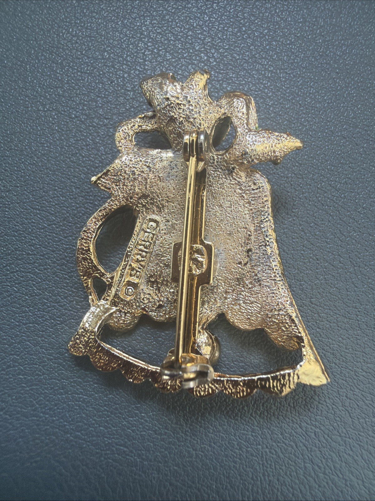 Vintage Gerry's Signed Christmas Bell Enamel Holly Holiday Gold Tone Brooch Pin