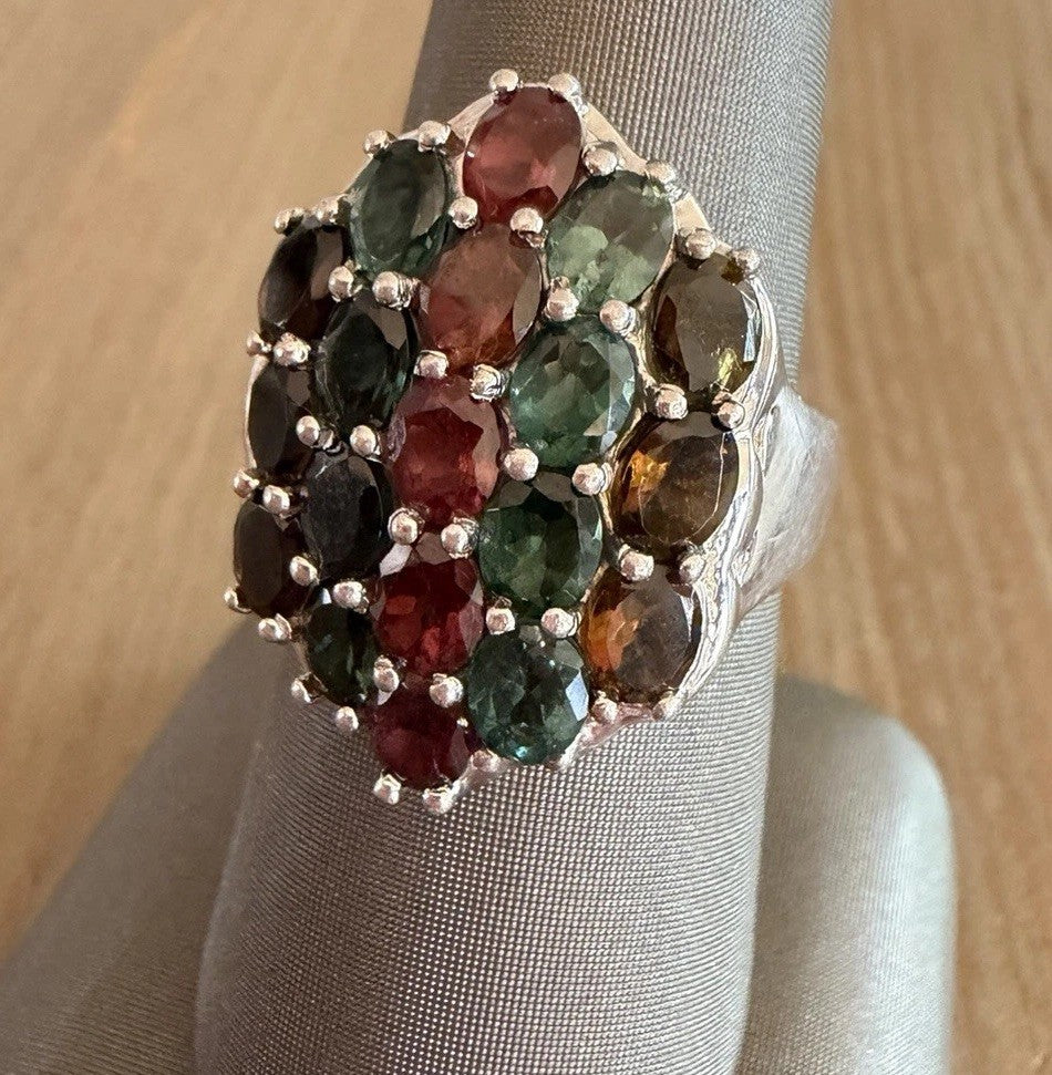 925 Sterling Silver Multi Color Tourmaline Cluster Cocktail Ring QJ Sz 10.75-11