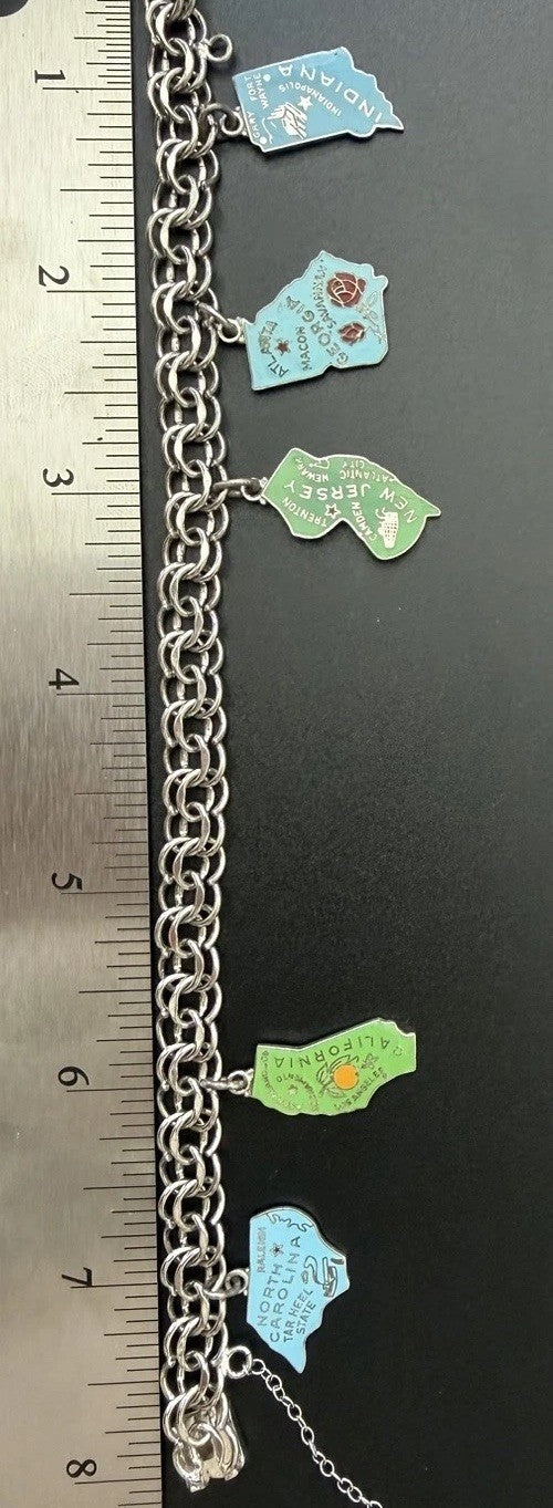 Vintage ELCO Sterling Silver Enamel State Souvenir Charm Bracelet 5 Charms 7.5