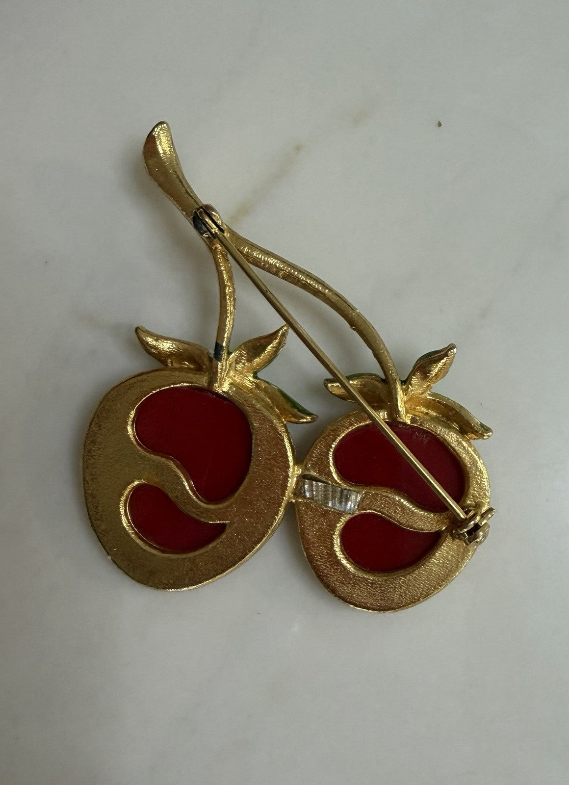 Vintage Red Cherry Brooch Pin Green Enamel Leaves Gold Tone Retro Fruit