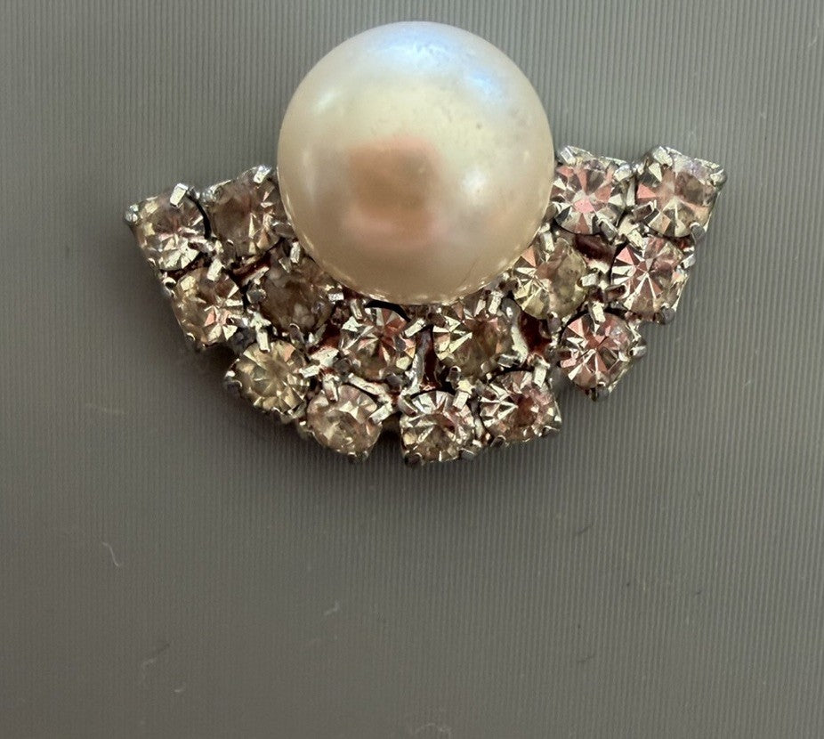 Vintage Silver Tone Faux Pearl and Waterfall  Rhinestone Earrings