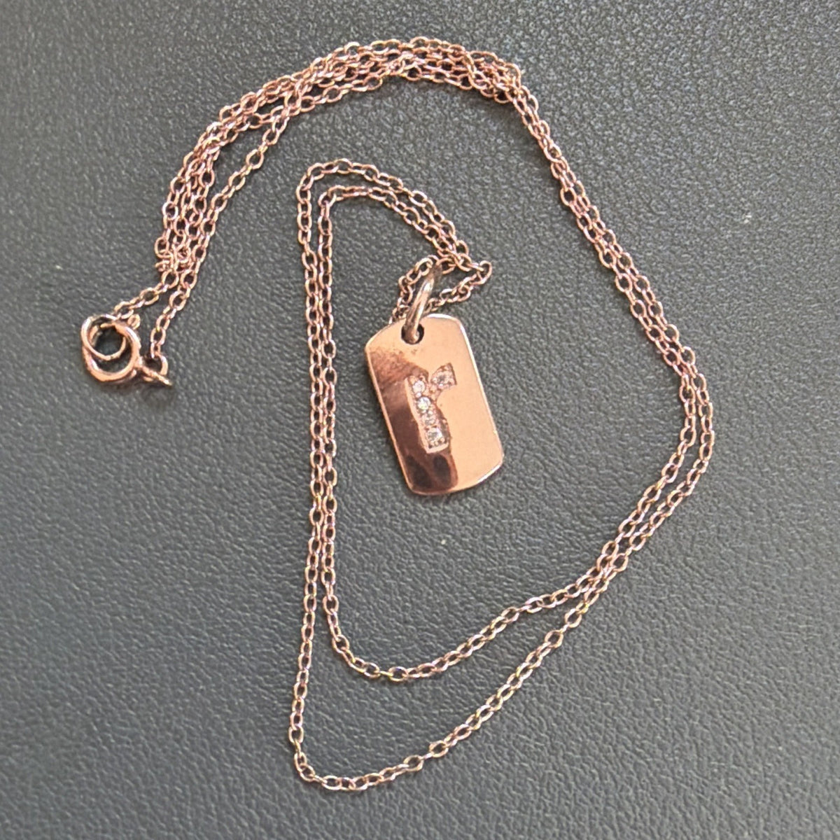 Sterling Silver 925 Rose Gold Letter R CZ mini dog tag style Charm Necklace