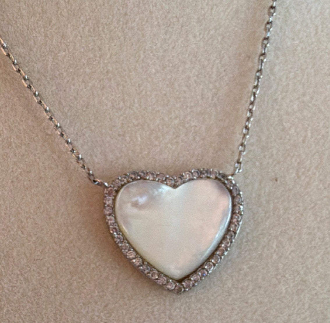 Sterling Silver 925 Heart MOP and Diamond/Clear Stone 925 Chain Necklace