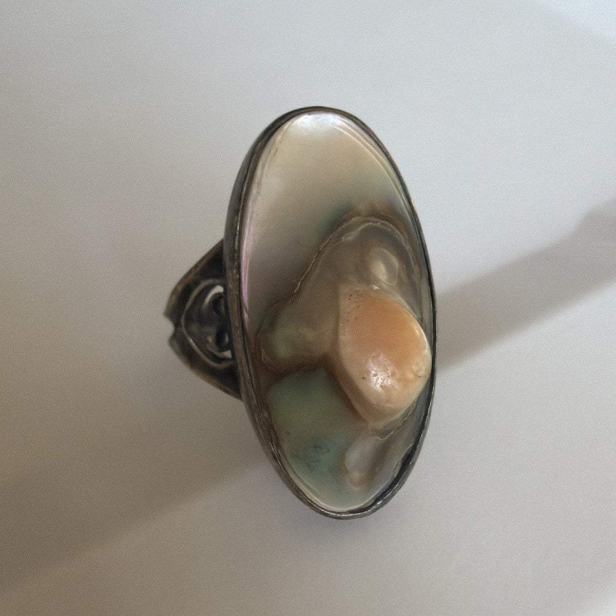 Antique Art Nouveau Abalone Blister Pearl Ring - Sterling Silver Oval 925 Sz 5.5