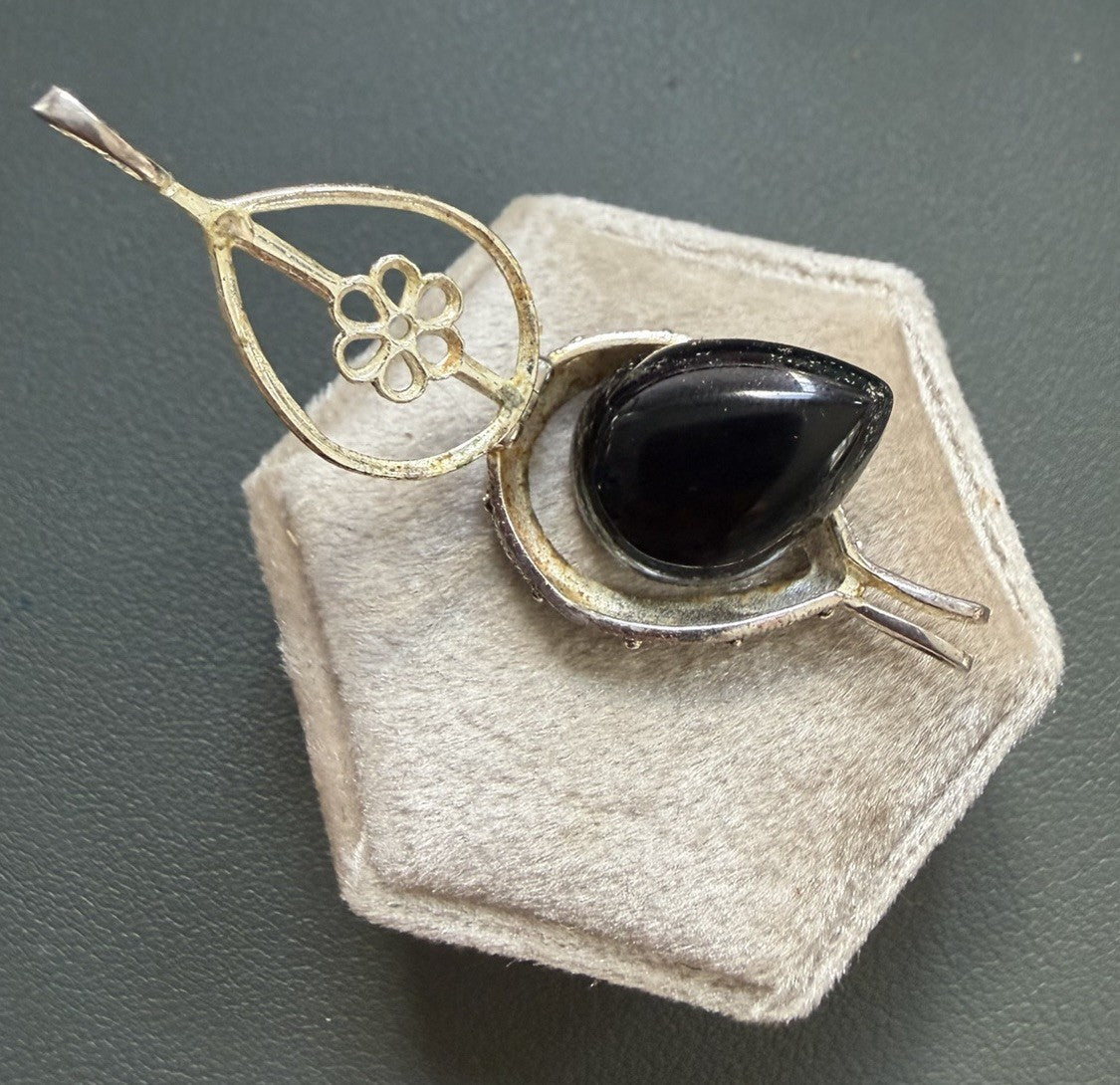 925 Sterling Silver Pendant Teardrop Interchangeable Onyx Stone Marcasite