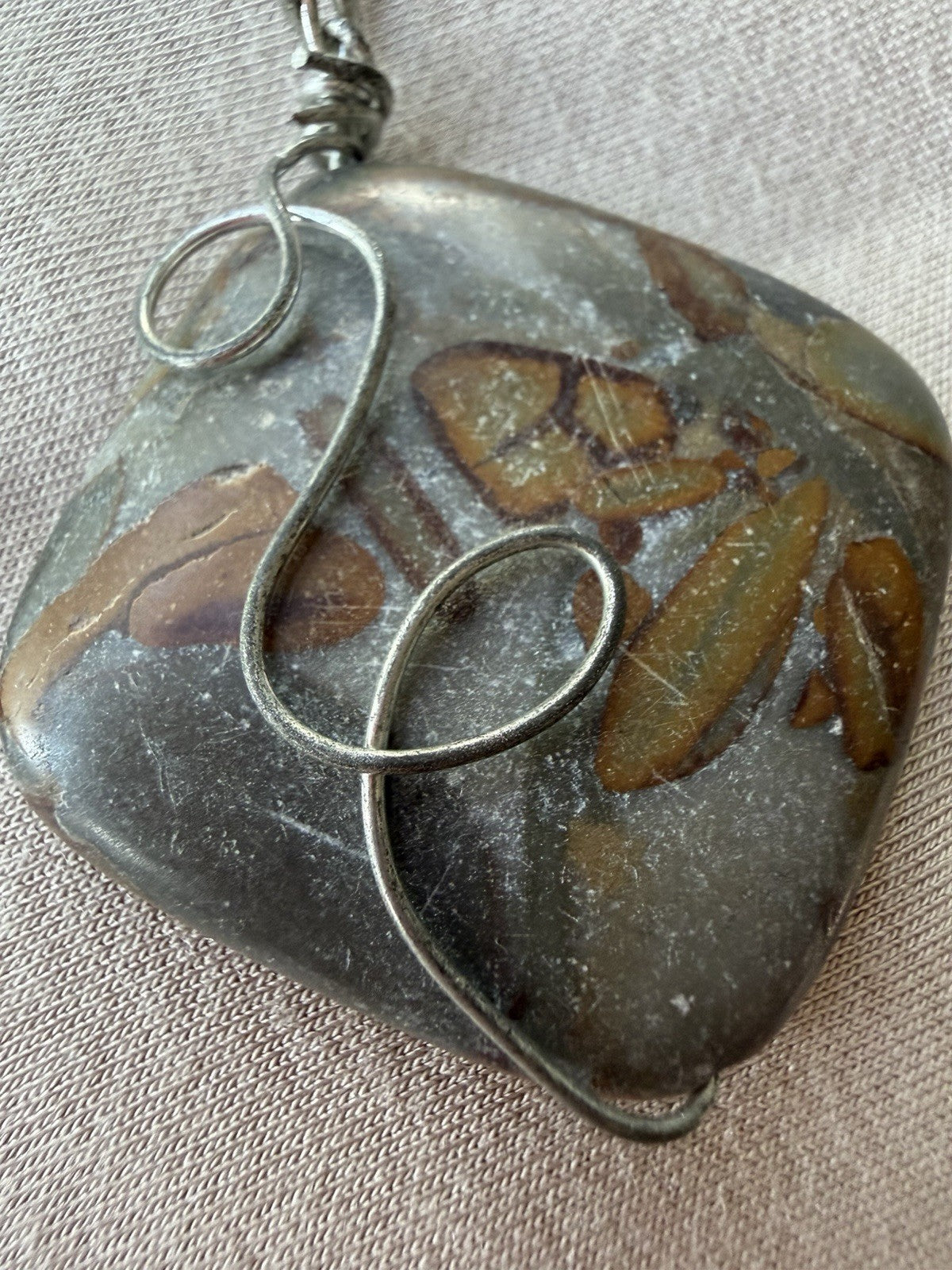 Gorgeous Natural Jasper Handmade Pendant Large stone wrapped in Ribboned Wire