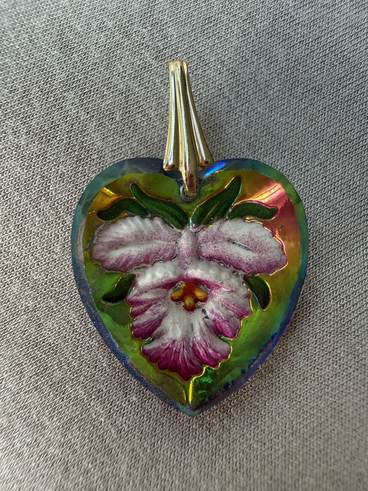 Vintage Orchid Flower Reverse Carved Glass Heart Pendant 