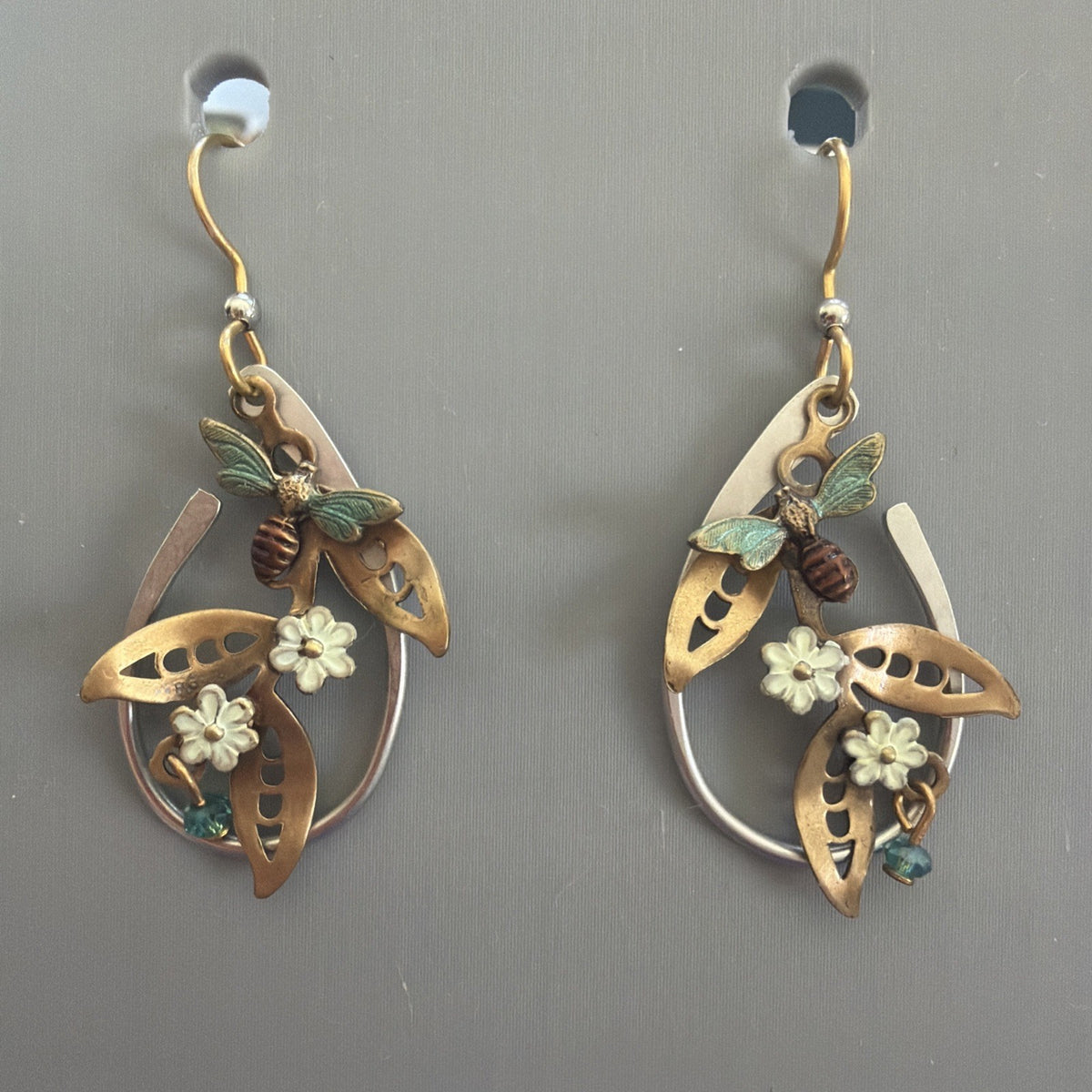 Silver Forest Gold Floral and Bees USA Hand Crafted Hypoallergenic Earrings