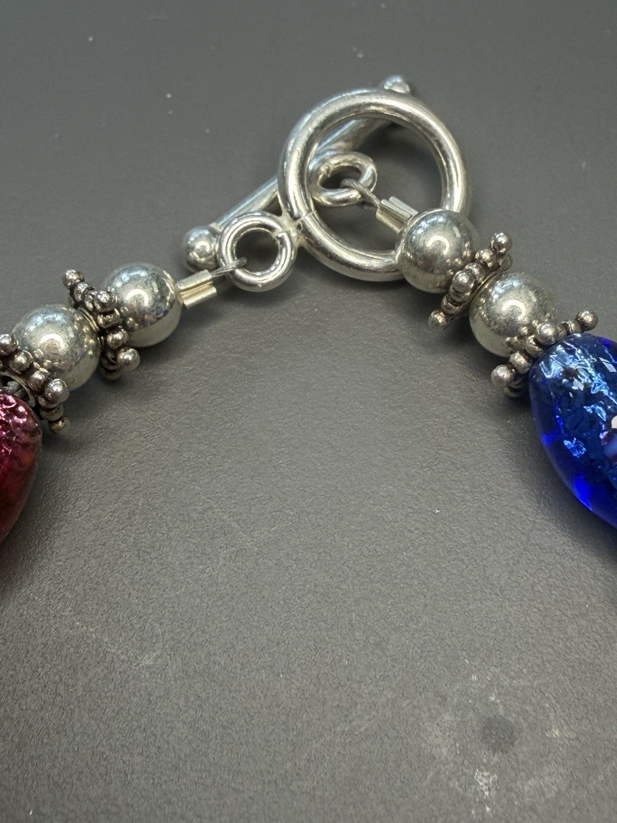 Patriotic USA Red White Blue Art Glass Style Bracelet Sterling Silver Toggle