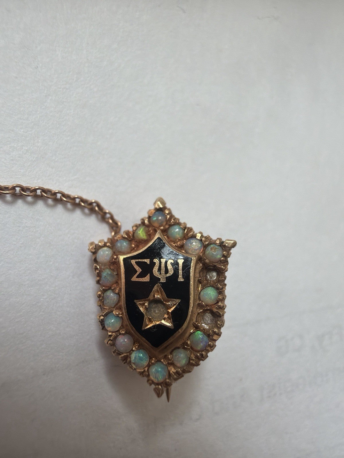 Antique 14K Gold Sigma Psi ΣΨ Opal Pearl Fraternity Badge Pin Guard Chain
