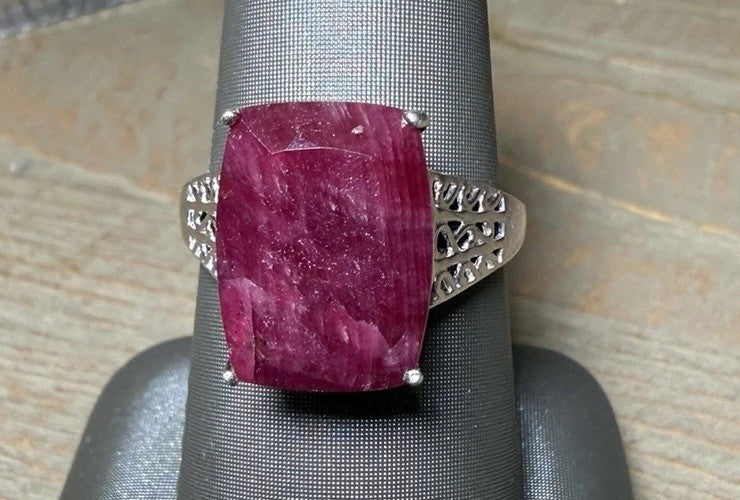 VJL Sterling Silver Large Ruby Corundum Statement Ring Cushion Cut Size 11.75