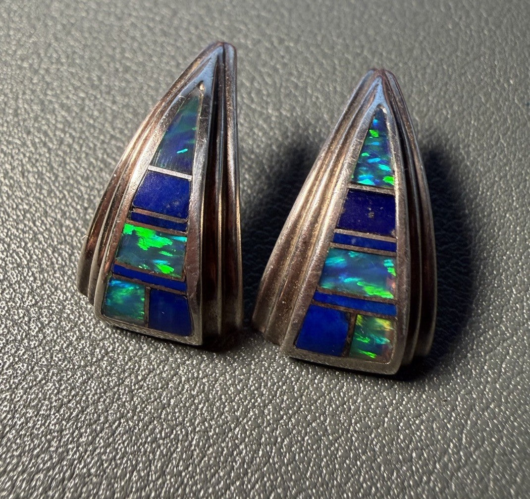 Vintage TEME Native American Sterling Silver 925 Opal And Lapis Inlay Earrings