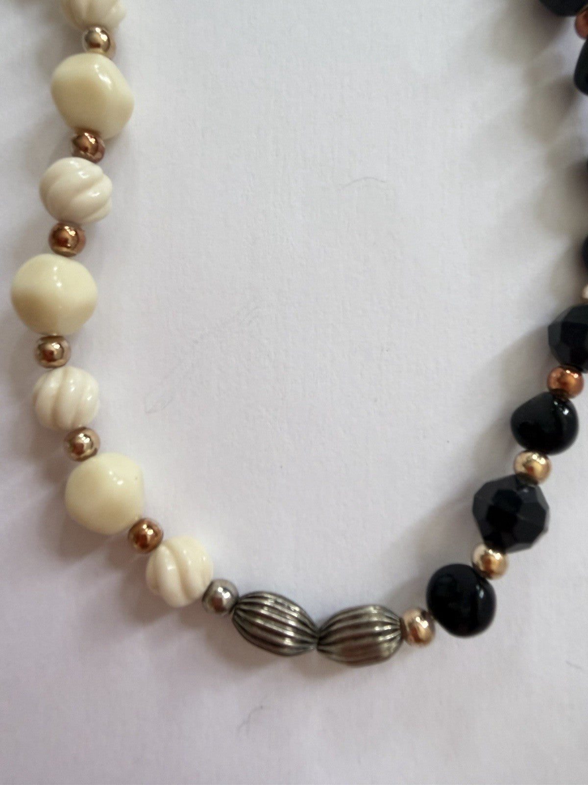 Vintage Black & White Swirl Beaded Necklace Silver Tone Spacers Toggle Clasp
