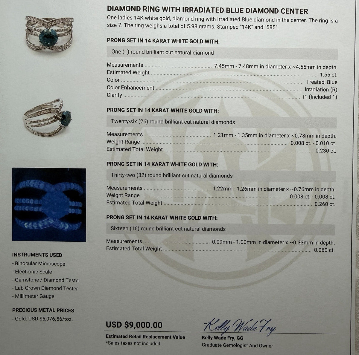 14K White Gold Natural Treated Blue Diamond Ring 2.10 CTW Size 7.5