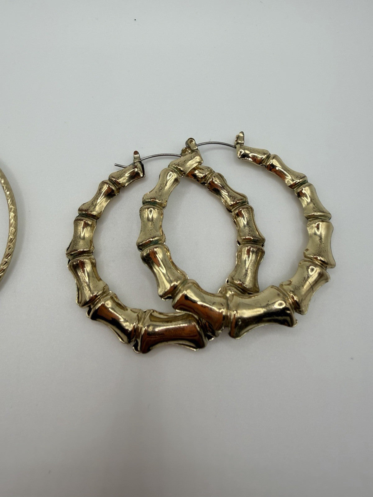 Vintage Lg Gold tone Earrings 2  Etched Hoops And Bamboo Pierced