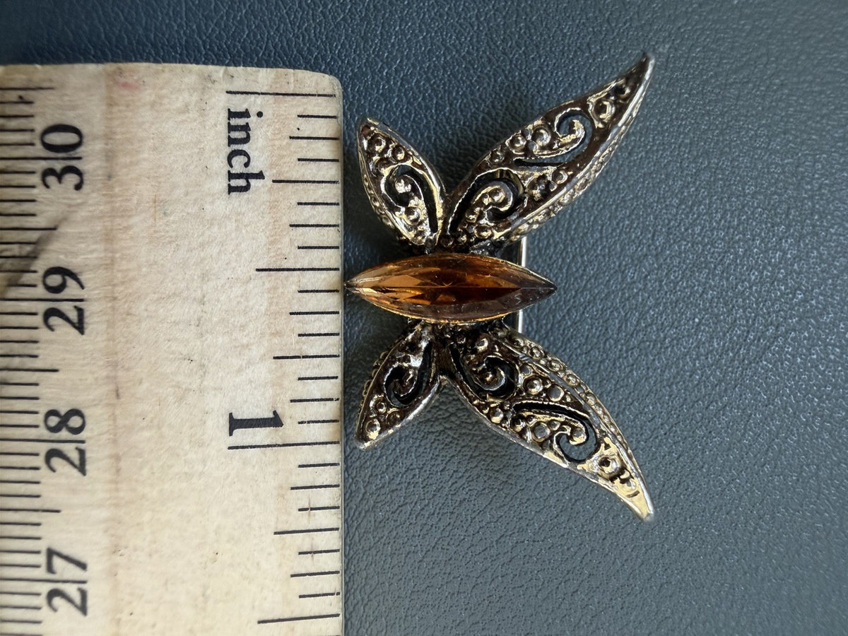Vintage Gold Tone Petite Butterfly Marquise Cut Orange Gem Stone Brooch Pin