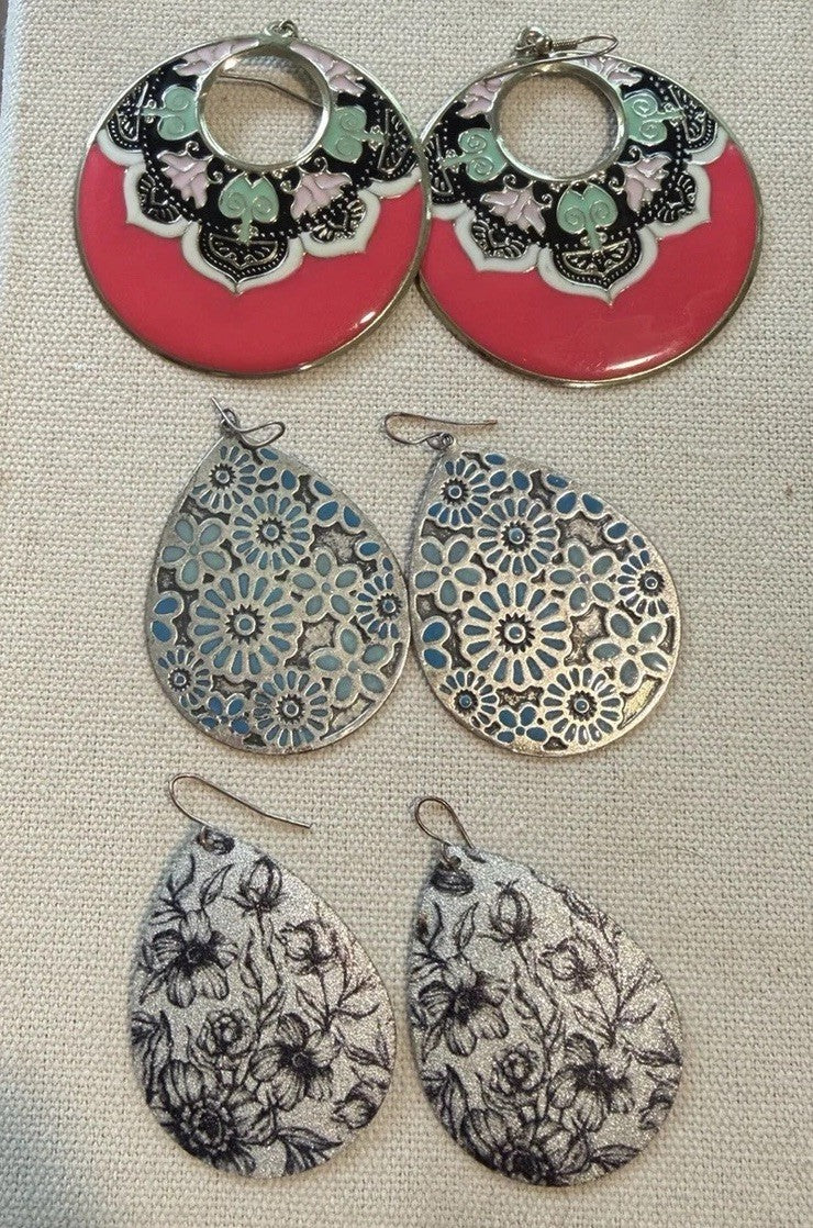 3 Pairs Boho Statement Dangle Earrings Floral Enamel Filigree Teardrop Lot