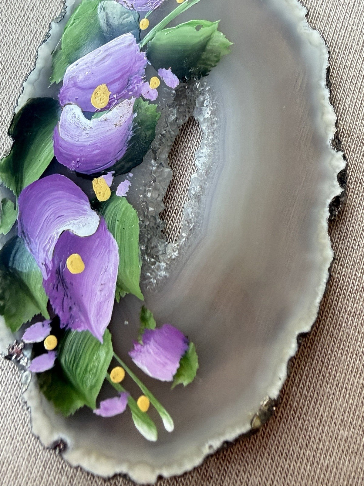 Hand Painted Polished Agate Slab Silver Purple Blue Flowers Pendant
