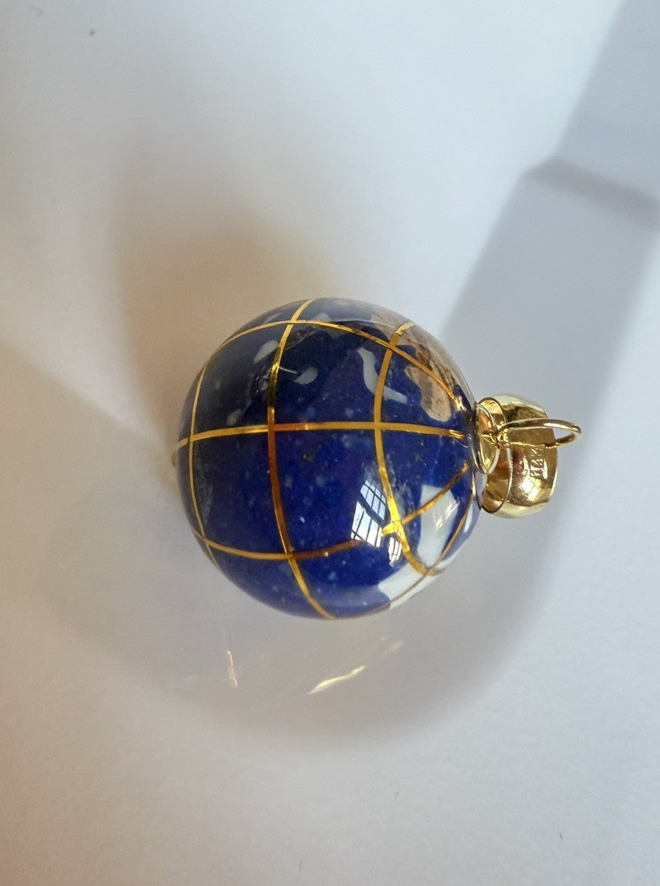 14 Karat Yellow Gold Multi Gemstone Inlay Globe World Pendant Free Shipping