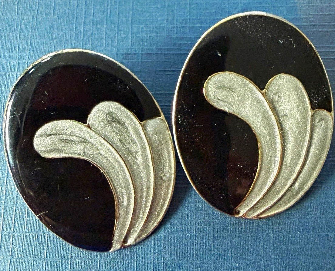 Oval Black & Silver Tone enamel  Metal Stud Earrings 1.5in Lobe Pierced Pair