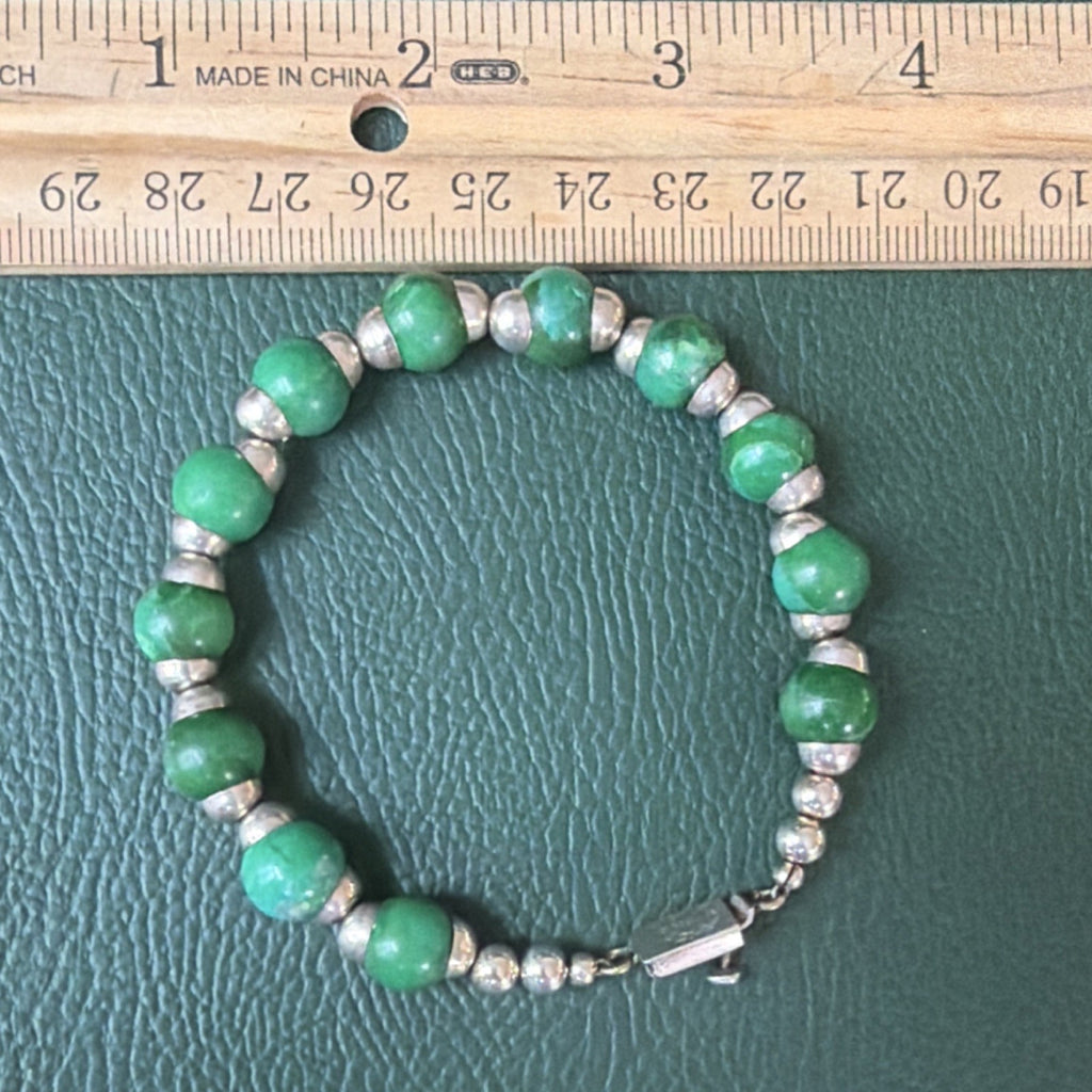 Vintage Mexico 925 Sterling Silver Green Turquoise Stone Bead Bracelet 7”