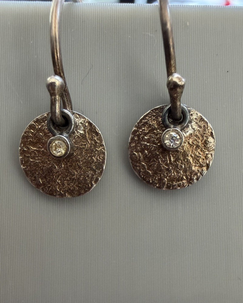 Vintage Silpada Sterling Silver Textured Disc Dangle Earrings W/ Accent Stone