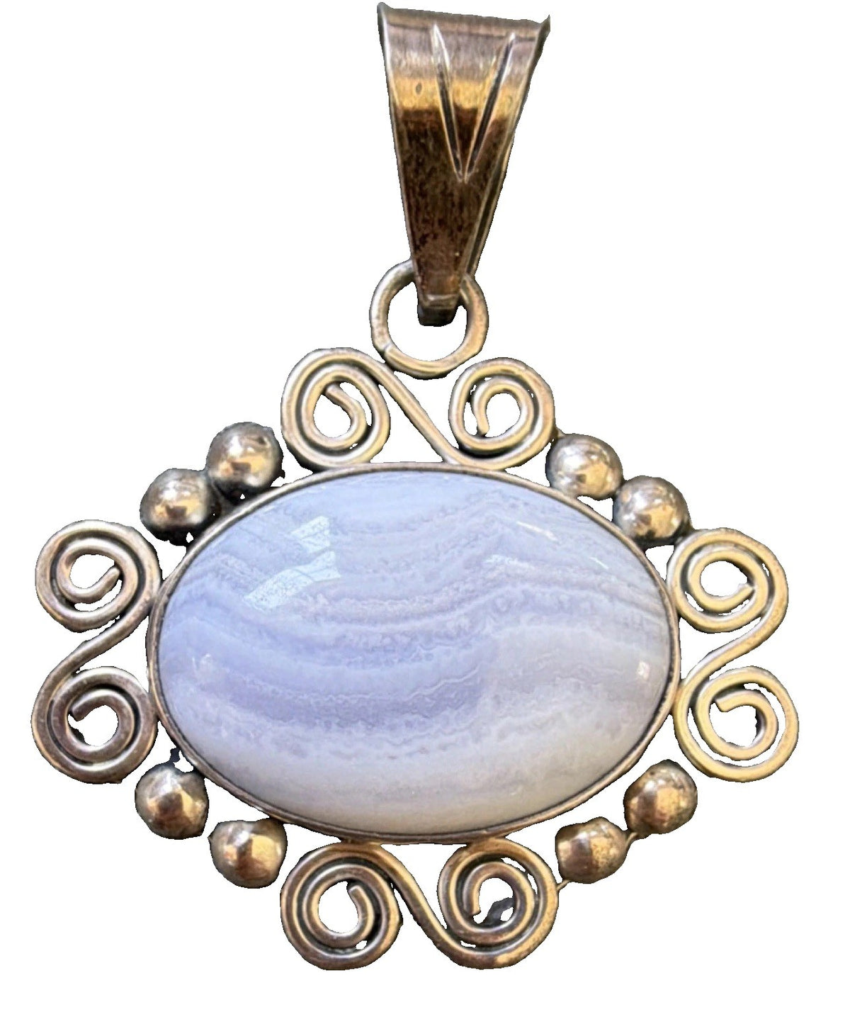 Blue Lace Agate 925 Sterling Silver Large Pendant Mexico Native Scrollwork Style