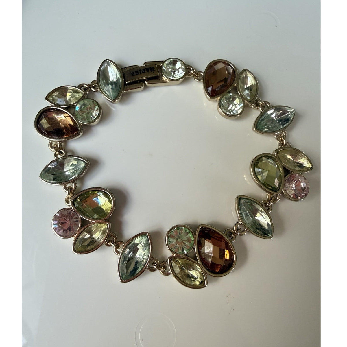 Napier Signed Silver Tone Multicolor Crystal Bezel Link Bracelet 7.5" glow 