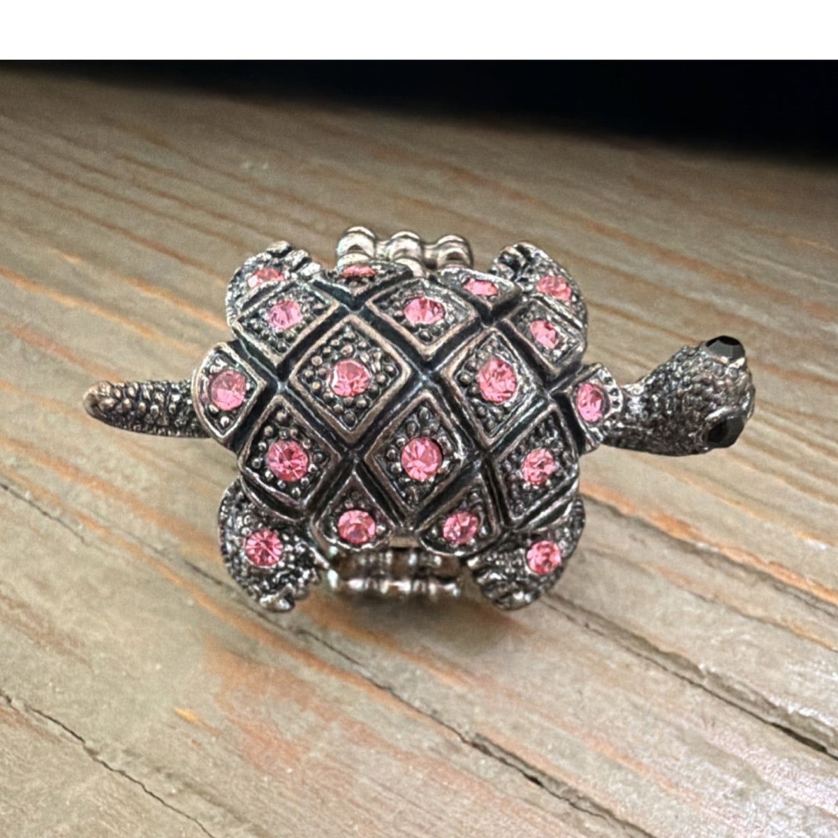 Silver Tone Turtle Statement Ring Size 7 Pink Crystal Stretch Animal Style