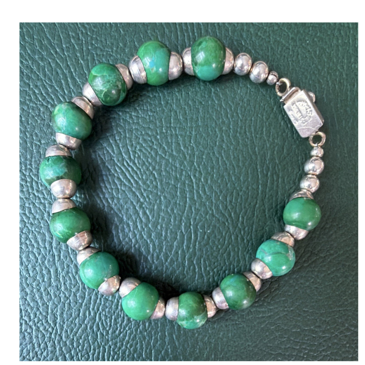 Vintage Mexico 925 Sterling Silver Green Turquoise Stone Bead Bracelet 7”
