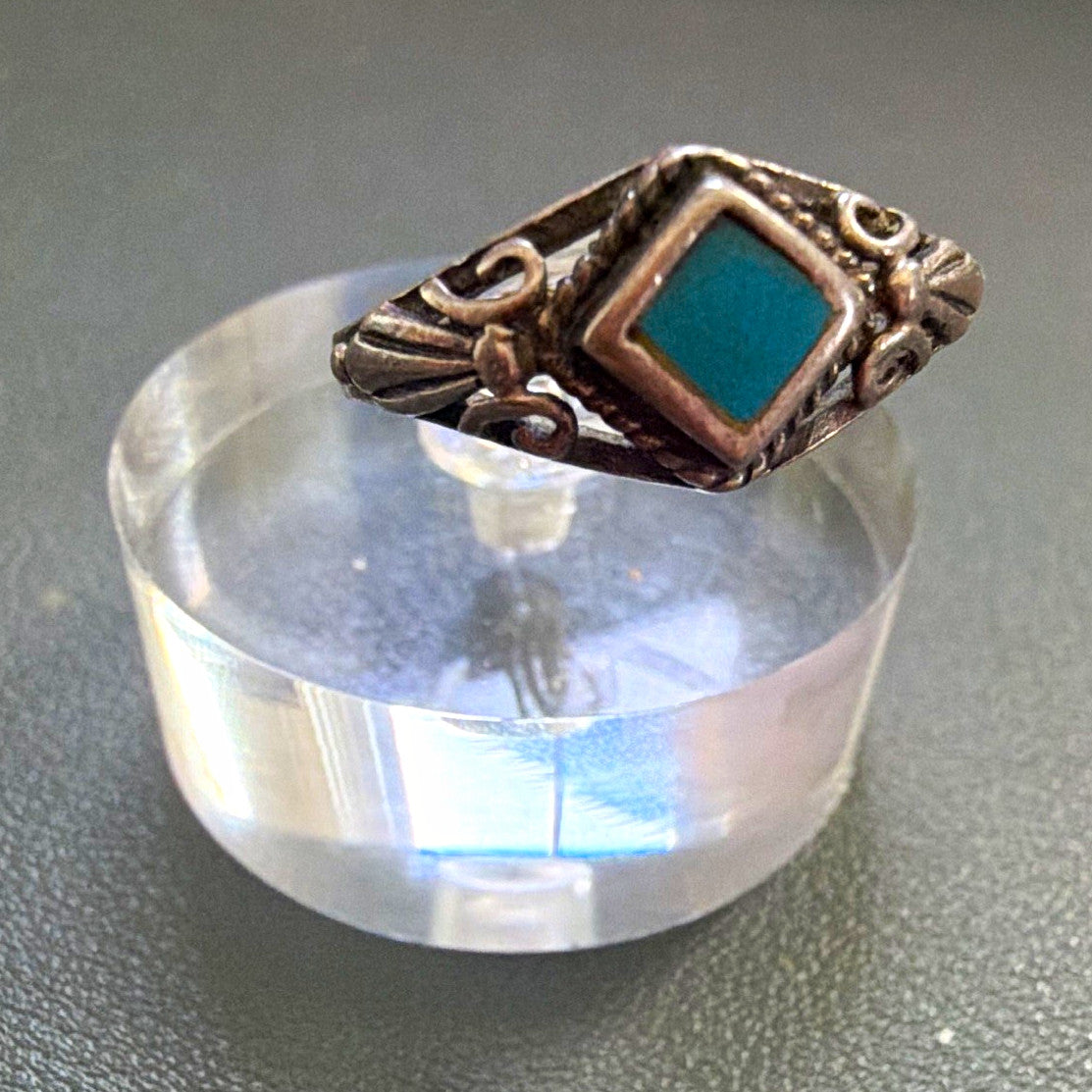 925 Sterling Silver Native Style Square Blue Turquoise Bezel Ring Band Sz 7.25