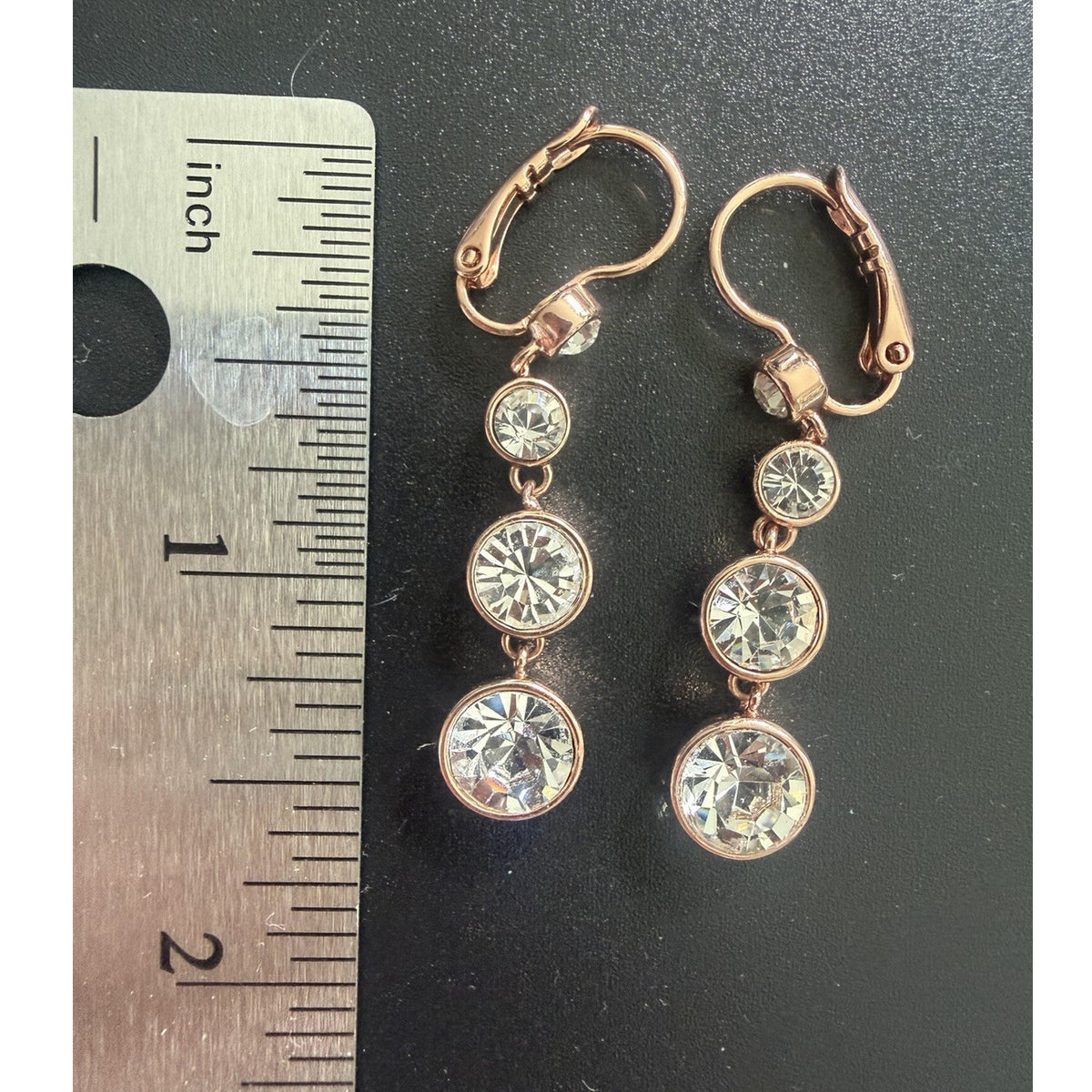 JCM Gold Tone Crystal Earrings Leverback Round 6 Clear Stones 