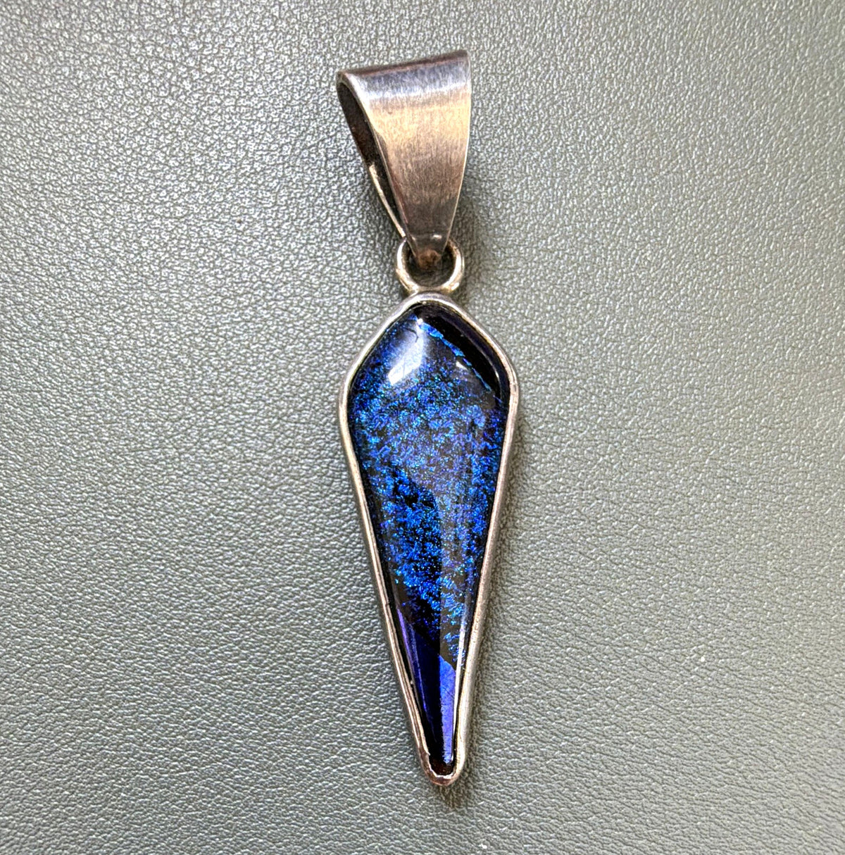 Vintage 925 Sterling Silver Teardrop Pendant Blue Dichroic Glass Bezel Signed